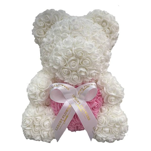 Ručne vyrobený medvedík z ruží – biely 40 cm