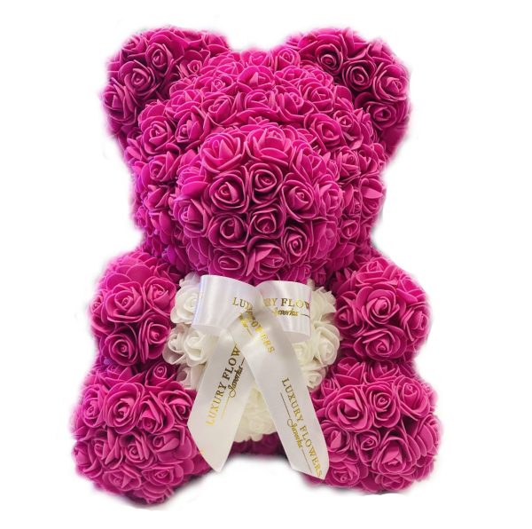 Ručne vyrobený medvedík z ruží so srdiečkom– ružový 25 cm