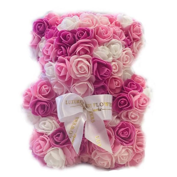 Ručne vyrobený medvedík z ruží – ružovobiely 25 cm