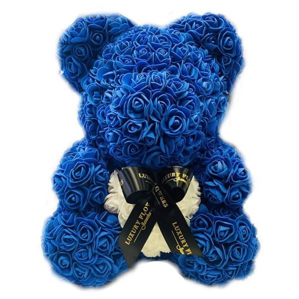 Medvedík z ruží so srdiečkom – modrý 40 cm